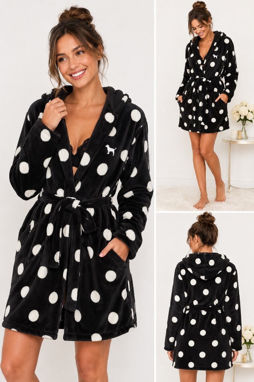Victoria’s Secret PINK Black White Polka Dot Plush Fleece Robe M/L